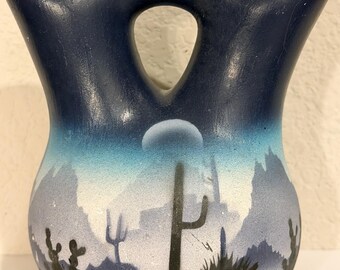 Native American Wedding Vase, Handpainted Southwestern Night Landscape, Artist Signed, 5.75” Tall