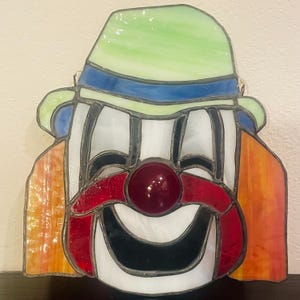 Handmade Stained Glass Clown Window Hanging: Colorful Whimsical Decor