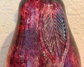 Handblown Magenta Confetti Art Glass Pear Paperweight, Signed TVG