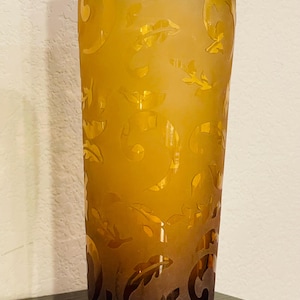 Etched Amber Glass Vase: Frosted Leaves & Feathers, Metal Rim
