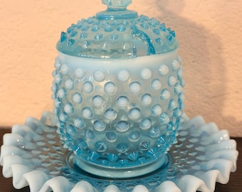 Fenton Blue Opalescent Hobnail Jam Jar and Underplate with Crimped Edge