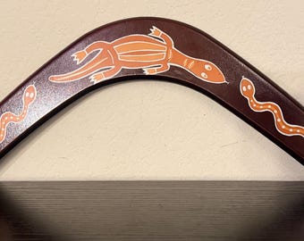 Australian Made Wooden Boomerang, Painted Primitive Lizard and Snake