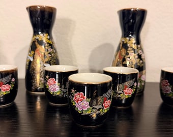 Japanese 7 Piece Sake Set in Original Box, Black with Floral Peacock Design