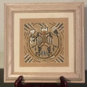 Navajo Sand Art Painting, Thunderbird Yei Sand Painting signed by the artist CHEE, Frame 7.5” x 7.5”, Sand Art 3.75” x 3.75”, Navajo Artwork
