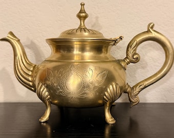 Vintage Brass Teapot with Etched Floral Design, 6.25” Tall