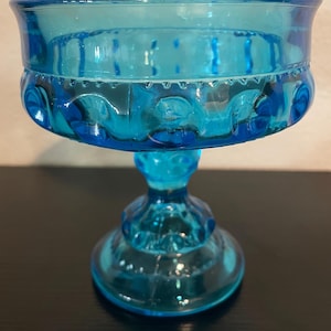 Vintage Indiana Glass Aqua Blue Compote with Thumbprint Pattern, Kings Crown Indiana Glass Compote, Candy Dish, 5” Tall, 4.5” Wide