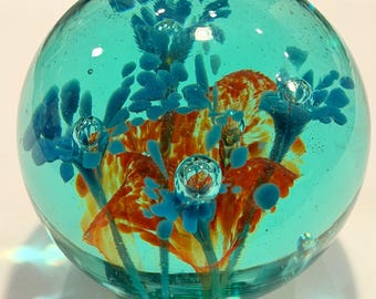 Handblown Blue Art Glass Bubble Paperweight, Blue and Orange Millefiori Flowers, 3” Tall