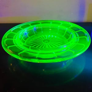Hazel Atlas Uranium Depression Glass Butter Base Dish, Base only, Rim for lid 4.75” diameter, 6.75” total diameter, 1” Tall, Uv Glow Uranium