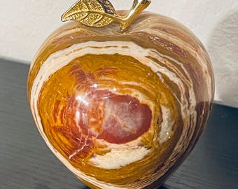 Beige and White Marble Apple Paperweight, Caramel Apple 3.5” Tall