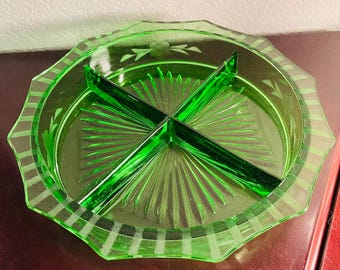 Green Glass, Etched Floral Pattern, Divided Serving Tray with Etched, Scalloped Edge, 9.25” Diameter
