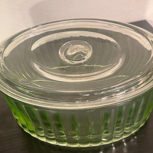 Vintage Hocking Uranium Glass Refrigerator Dish with Lid - 8&quot; x 6&quot;