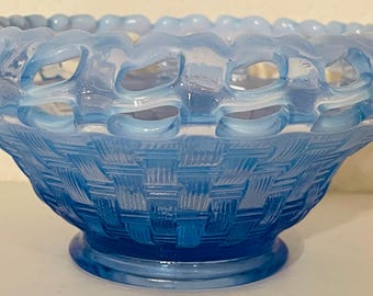 Fenton Blue Opalescent Basket Weave Bowl with Open Lace, Scalloped Rim, 5.25” Diameter