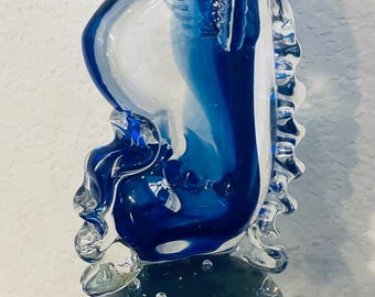 Blue Seahorse Figurine Atop a Glass Bubble Ball, Paperweight, 6.25” Tall, 2” Wide