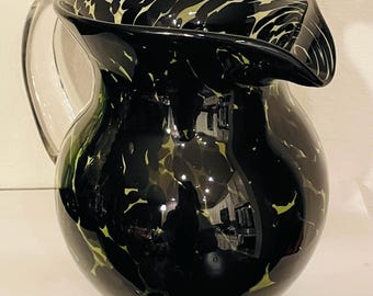Handblown Black Confetti Glass Pitcher, Spotted Leopard Pattern, 7.5” Tall