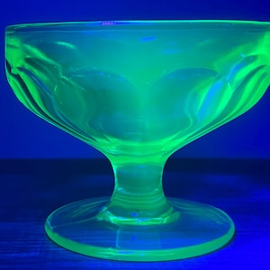 Uranium Glass Pedestal Sherbert, Dessert Cup, UV Glow, Green Depression Glass, Vaseline Glass Sherbert Cup