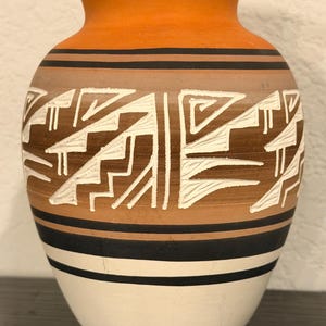 Ute Art Pottery Vase, Southwestern Design, Orange and Brown, Signed L. Posey, 5.5” Tall