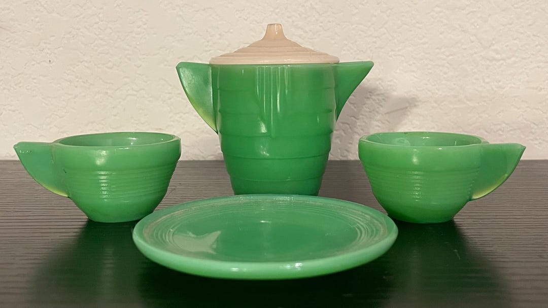 Vintage Akro Agate Jadeite Tea Set: Children's Playset With Pink Lid - Etsy