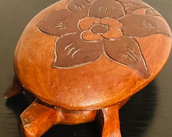 Hand Carved Wood Turtle Jewelry Box: Floral Design, 9" Long