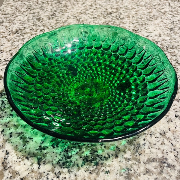 Anchor Hocking Forest Green 3 Footed Hobnail Candy Dish with Scalloped Edge, Green Hobnail Bowl, 6 3/8” Diameter