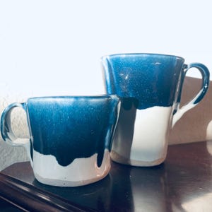 Handmade Blue Drip Glaze Pottery Mug Set - Signed J.S.