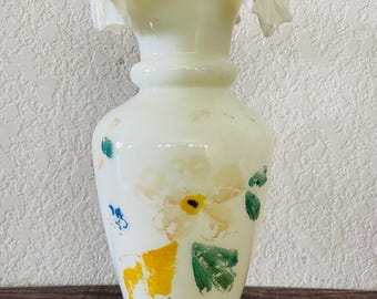 Antique White Opaline Glass Vase: Victorian Handpainted Floral Decor (8.5 in)