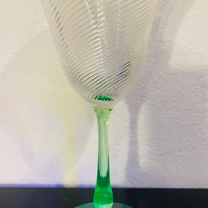 Uranium Glass Champagne Goblet: Swirl Optic Pattern, Green Glowing Stem