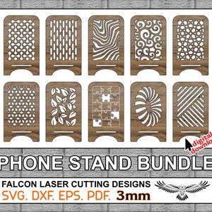 50 telefoonstandaard Svg-bundel | Ontwerpen lasergesneden mobiele telefoonhouder | 3 mm Dikte | Svg Dxf Pdf Eps-bestanden | Digitale download