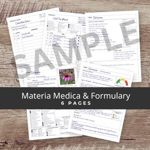 K&ouml;nnte beinhalten: Eine Sammlung handgeschriebener Materia Medica & Formulary-Seiten mit detaillierten Notizen, Diagrammen und den Texten "Calendula Salve" und "Cold Tea Blend". Das Bild enth&auml;lt ein Foto einer lila Sonnenhutblume und den Text "Echinacea".