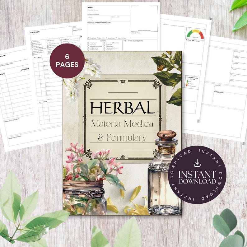 K&ouml;nnte beinhalten: Ein Kr&auml;utermedizin- und Rezeptf&uuml;hrer im Vintage-Stil mit dekorativem Etikett, Glasflasche und floralen Akzenten. Auf dem Cover steht "HERBAL Materia Medica & Formulary". Das Bild enth&auml;lt sechs Seiten und ein Sofort-Download-Symbol.