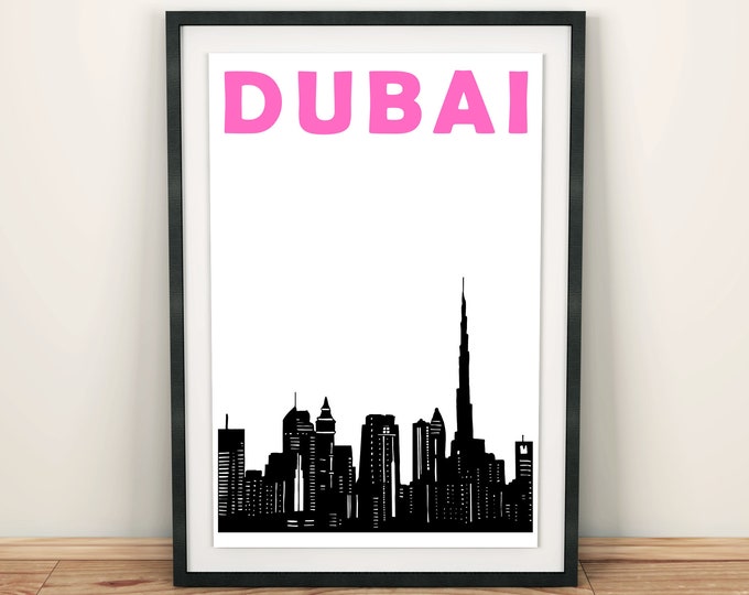 Dubai Print Skyline, Dubai Poster, Dubai Art, Dubai Skyline, Dubai Travel Print, Dubai Wall Art Poster, Dubai City Print Gift for Couples