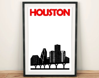 Peut inclure: Illustration en noir et blanc de l'horizon de Houston avec le mot "HOUSTON" en lettres rouges au-dessus de l'horizon.