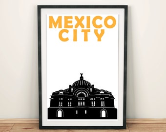 May include: Black and white illustration of a building with a dome, with the text "MEXICO CITY" in yellow letters above the building.