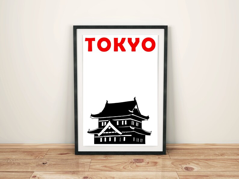Puede incluir: Ilustraci&oacute;n en blanco y negro de un edificio japon&eacute;s con la palabra "TOKYO" en letras rojas arriba.