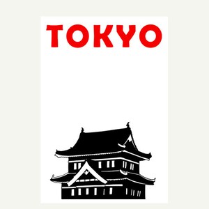 Puede incluir: Silueta en blanco y negro de un edificio tradicional japon&eacute;s con la palabra "TOKYO" en letras rojas arriba.