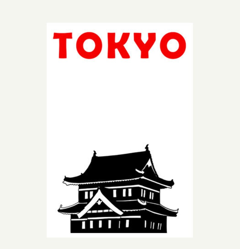 Puede incluir: Silueta en blanco y negro de un edificio tradicional japon&eacute;s con la palabra "TOKYO" en letras rojas arriba.