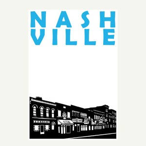 May include: Black and white silhouette of a city street with buildings and storefronts. The text "NASHVILLE" is in blue at the top of the image.
