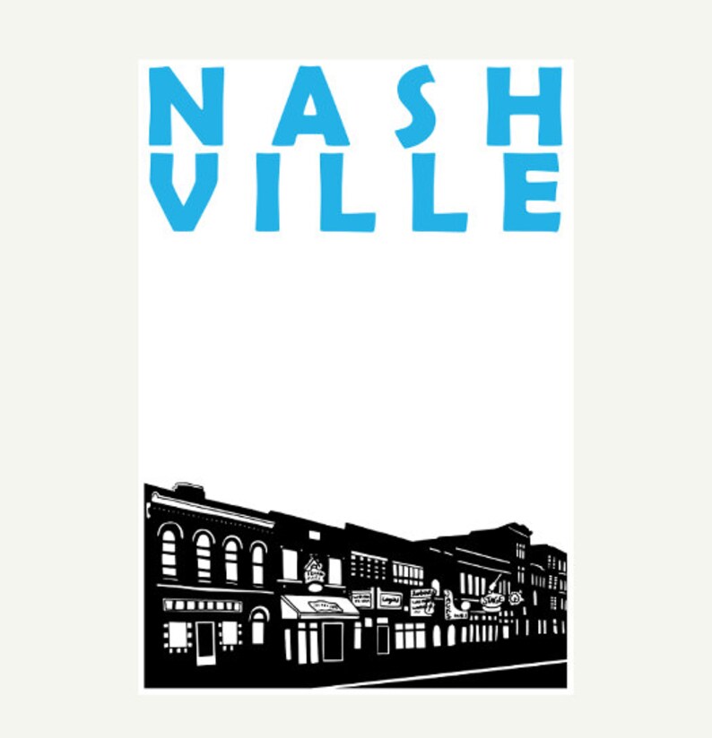 May include: Black and white silhouette of a city street with buildings and storefronts. The text "NASHVILLE" is in blue at the top of the image.