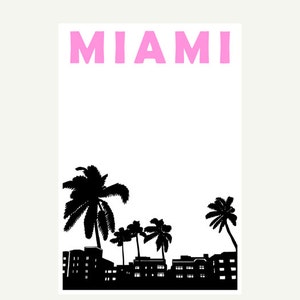 May include: A black and white silhouette of a Miami skyline with palm trees and the word "MIAMI" in pink letters.