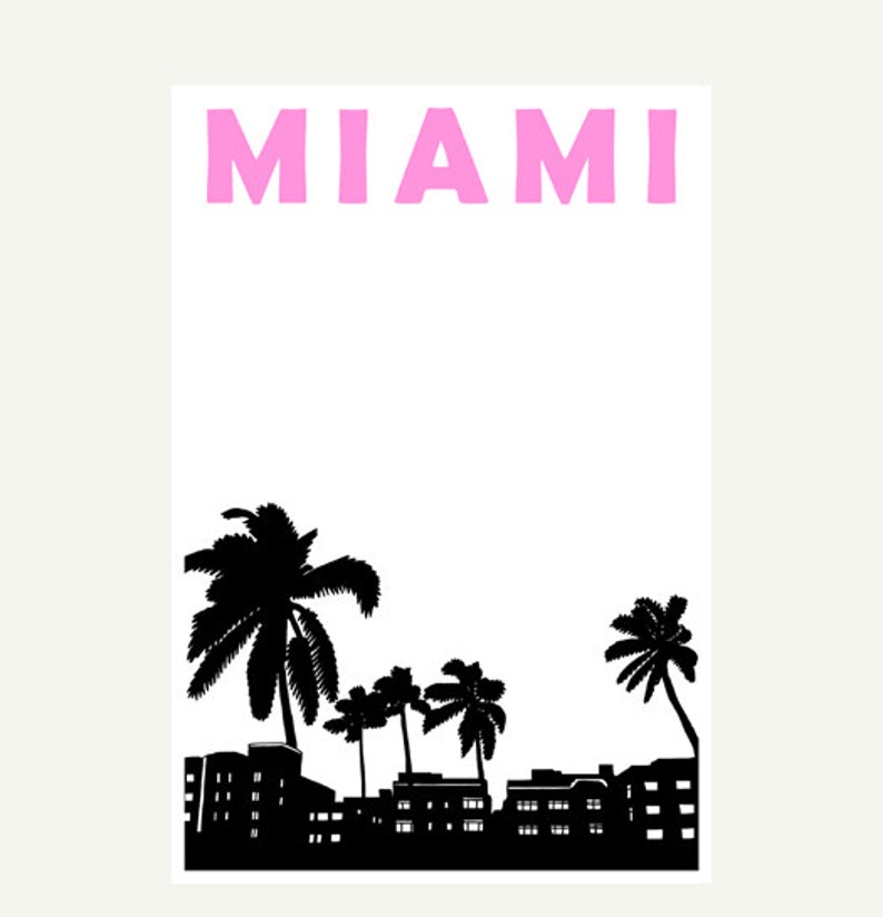 May include: A black and white silhouette of a Miami skyline with palm trees and the word "MIAMI" in pink letters.