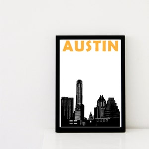 May include: Black and white illustration of the Austin skyline with the word "AUSTIN" in orange text at the top of the image.