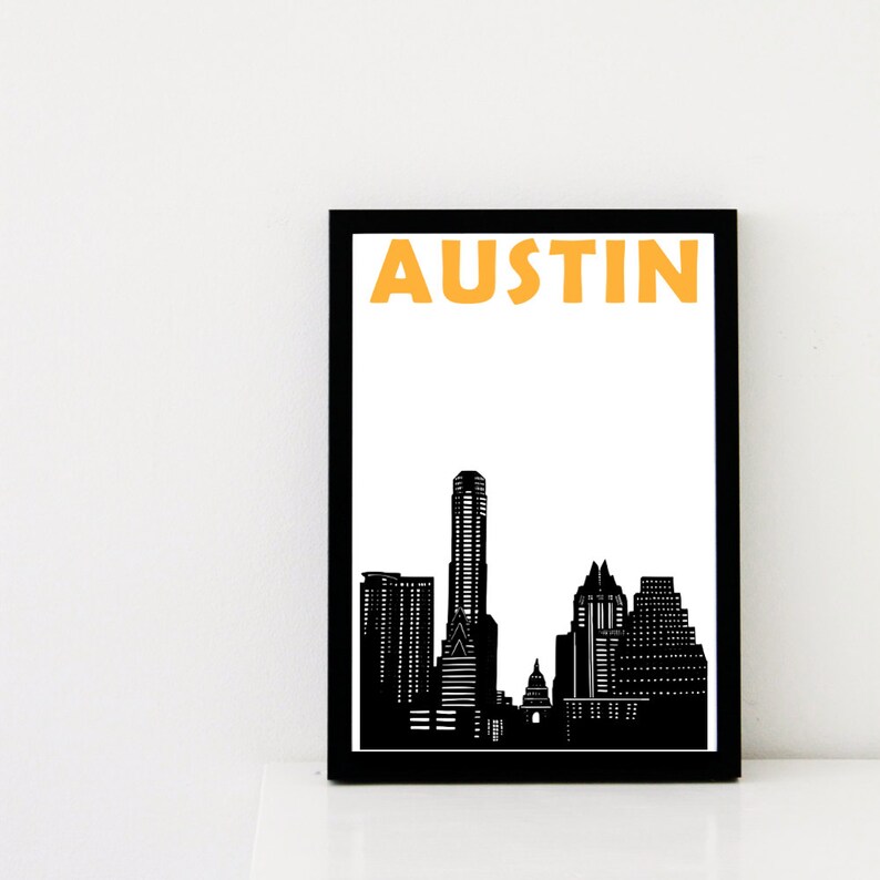 May include: Black and white illustration of the Austin skyline with the word "AUSTIN" in orange text at the top of the image.