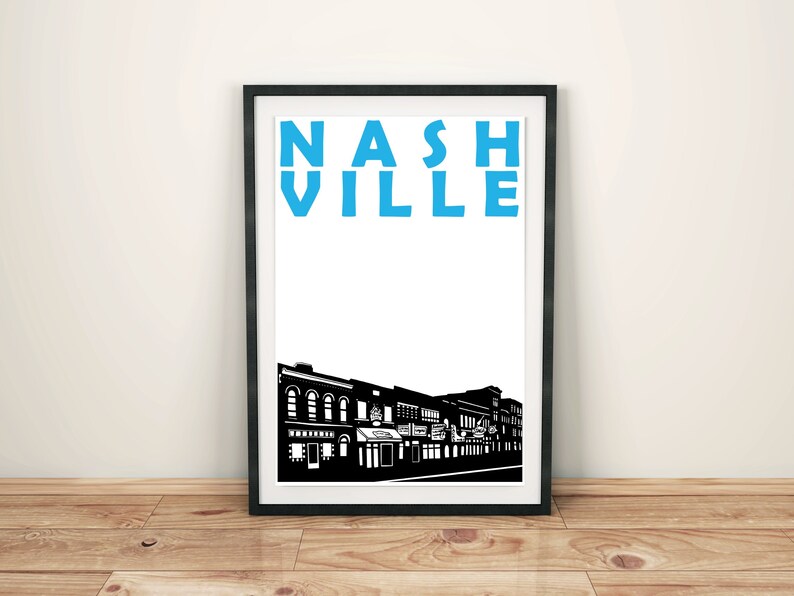 May include: Black and white illustration of a city skyline with the word "NASHVILLE" in blue letters above the buildings.