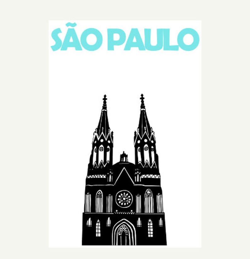 Puede incluir: Silueta en blanco y negro de una iglesia con dos torres altas. El texto "S&Atilde;O PAULO" est&aacute; escrito en azul en la parte superior de la imagen.