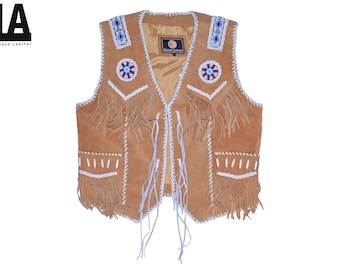 Gilet Uomo Cowboy Western Pelle Scamosciata Marrone Con Frange E Perline - Smart Range Leather