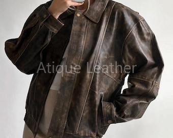 Handmade Vintage Brown Leather Bomber Jacket: Oversized Lambskin Outerwear