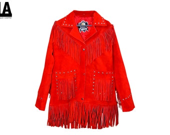 Chaqueta vaquera de ante rojo hecha a mano con flecos: estilo vaquera para mujer.