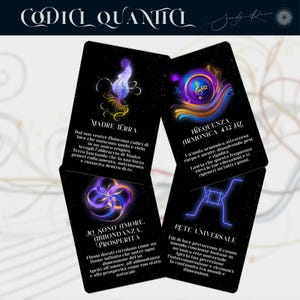 May include: Four tarot cards with colorful illustrations and Italian text. The top card features a purple and blue design with the words "MADRE TERRA". The second card has a musical note design with the words "FREQUENZA ARMONICA 432 HZ". The third card has a floral design with the words "IO SONO AMORE. ABBONDANZA. PROSPERITA". The fourth card has a geometric design with the words "RETE UNIVERSALE".