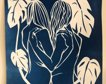 Hermanas con cianotipo Monstera