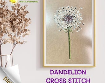 Dandelion Cross Stitch Pattern PDF | Modern Aida Chart | Digital Download Embroidery Design | Printable Needlepoint Pattern |Wall Art Frame