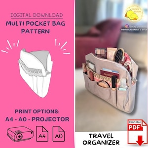 Puede incluir: Gráfico de descarga digital rosa para un patrón de bolsa con múltiples bolsillos. La imagen muestra un organizador de viaje rosa claro lleno de cosméticos y accesorios. El texto incluye "Opciones de impresión: A4 - AO - Proyector" y "Organizador de viaje".